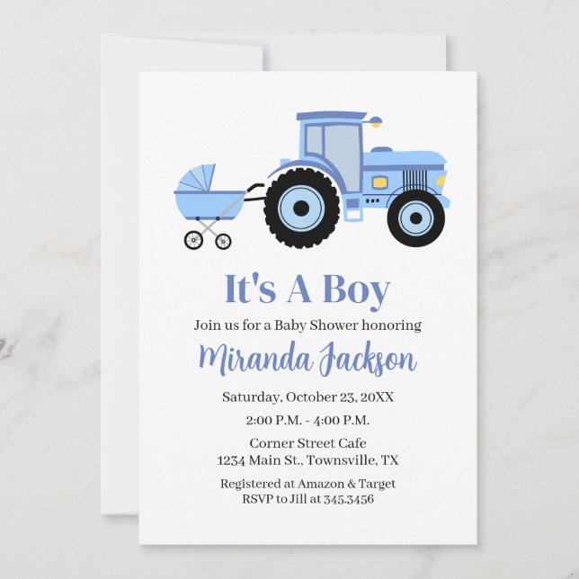 Traktor Baby Shower Inbjudan Blå (Framsida)