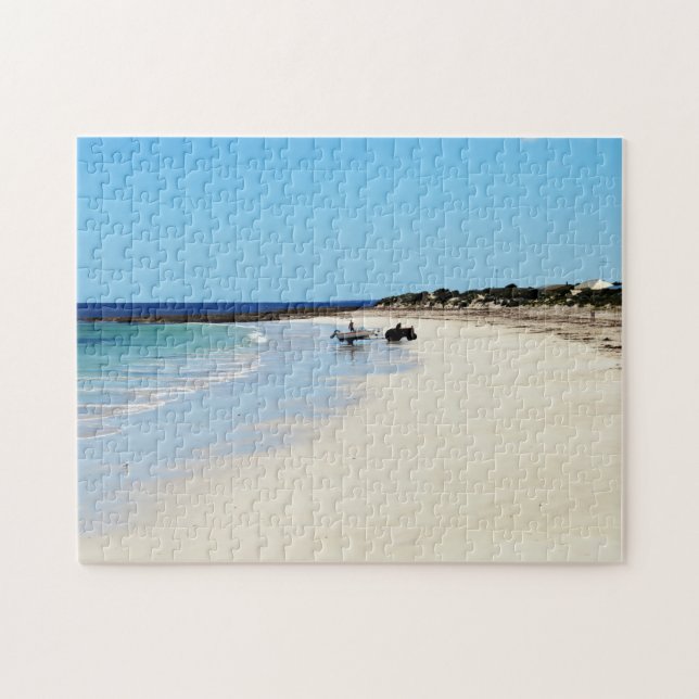 Traktor drar båt från havet, pussel (Horisontell)