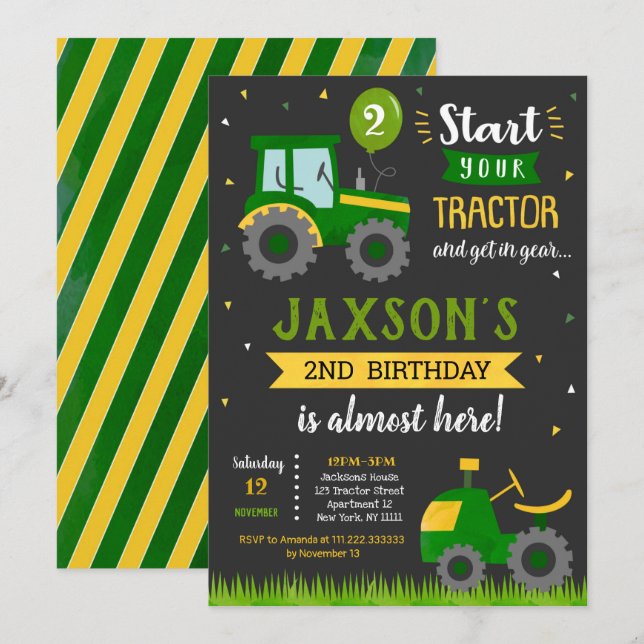 Traktor Födelsedagsfest inbjudan (Fram/baksida)