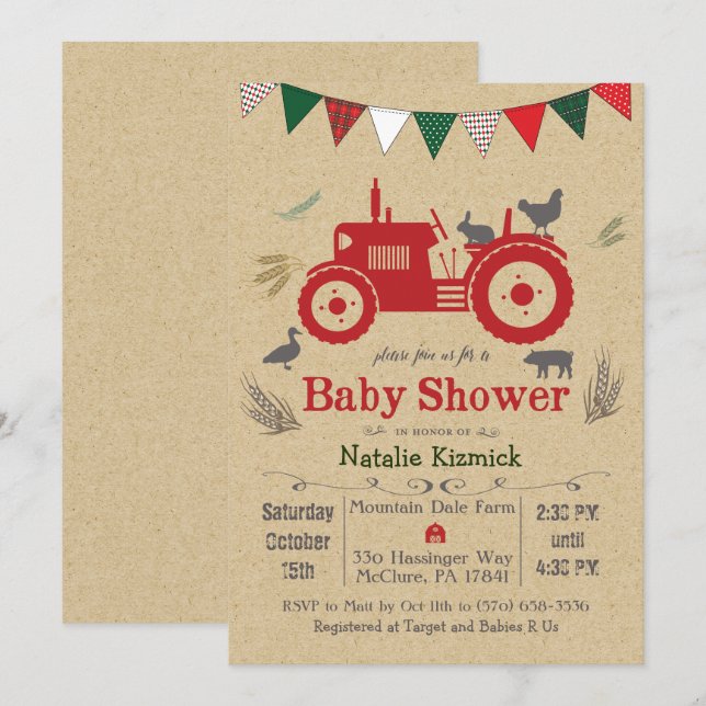 Traktor Gårdsdjur Baby Shower Inbjudan (Fram/baksida)