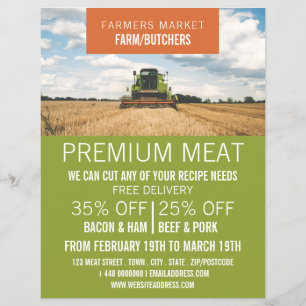 Traktor i fält, bonde & slaktare reklam reklamblad