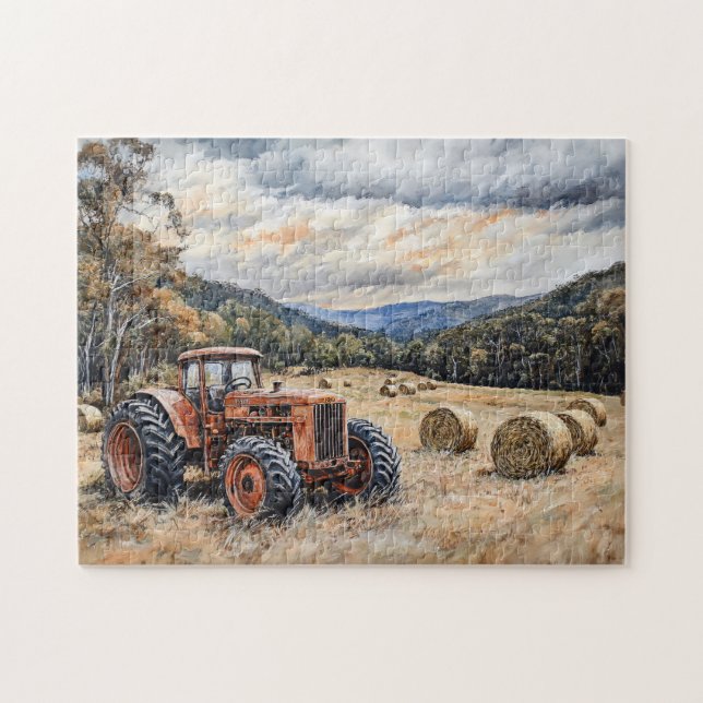 Traktor i Hay Fält Rustic Pussel (Horisontell)