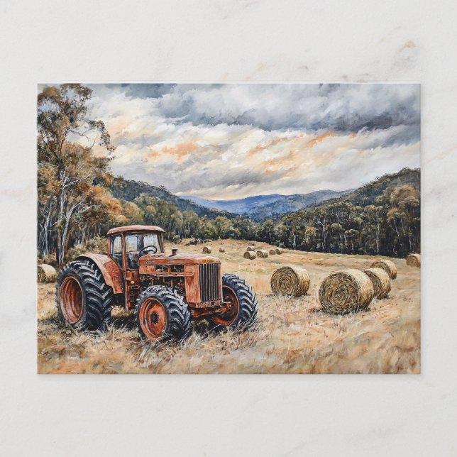 Traktor i Hay Fält Rustic Vykort (Framsida)