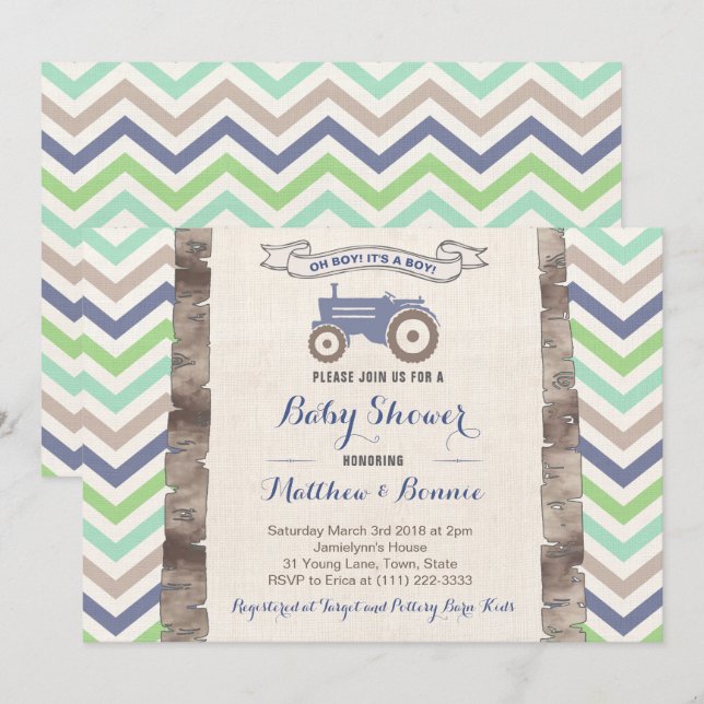 Traktor med Chevrons Baby Shower för Boy Inbjudningar (Fram/baksida)