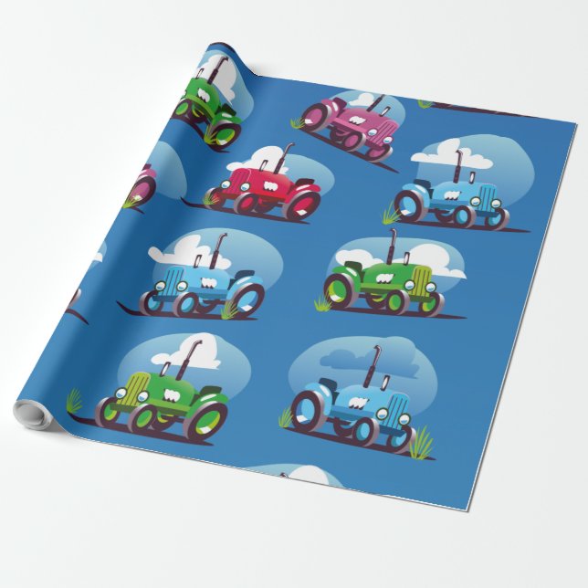 Traktor Mönster (Blå Bakgrund) Presentpapper (Utrullad)