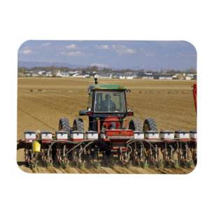 Traktor som drar en majssämaskin. magnet
