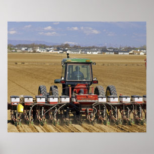 Traktor som drar en majssämaskin. poster