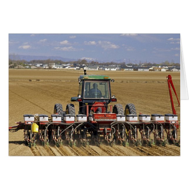 Traktor som drar en såmaskin för majs. hälsningskort (Framsidan Horizontal)