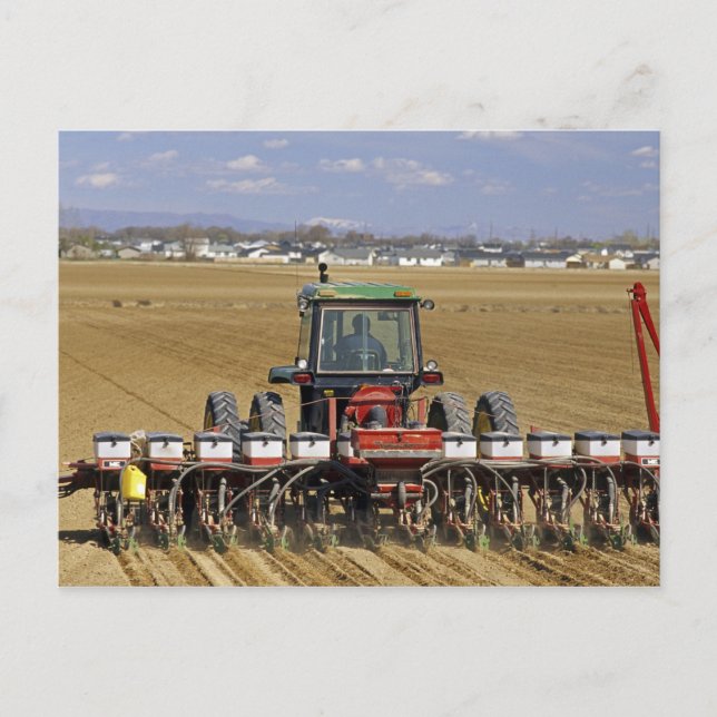 Traktor som drar en såmaskin för majs. vykort (Framsida)