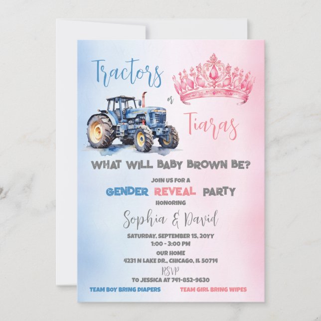 Traktorer eller Tiaras Gender Reveal Party Inbjudningar (Framsida)