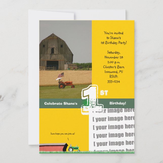 Traktorfödelsedagsfest inbjudan:  Ladugård & Inbjudningar (Framsida)