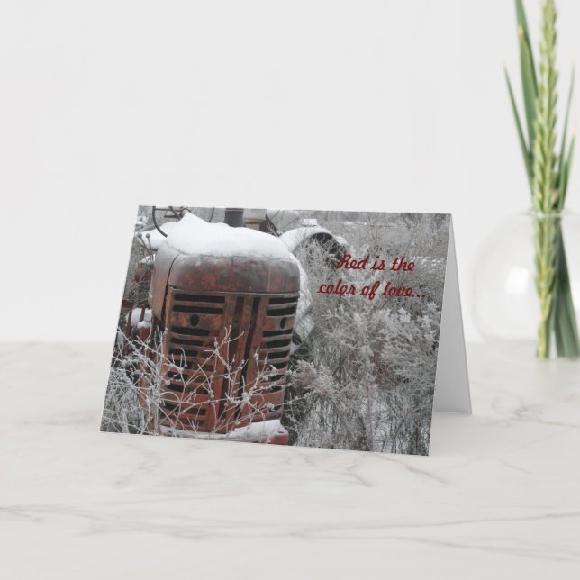 Traktorvalentinkort: Röd är färgen av kärlek. Helgkort (Framsida)