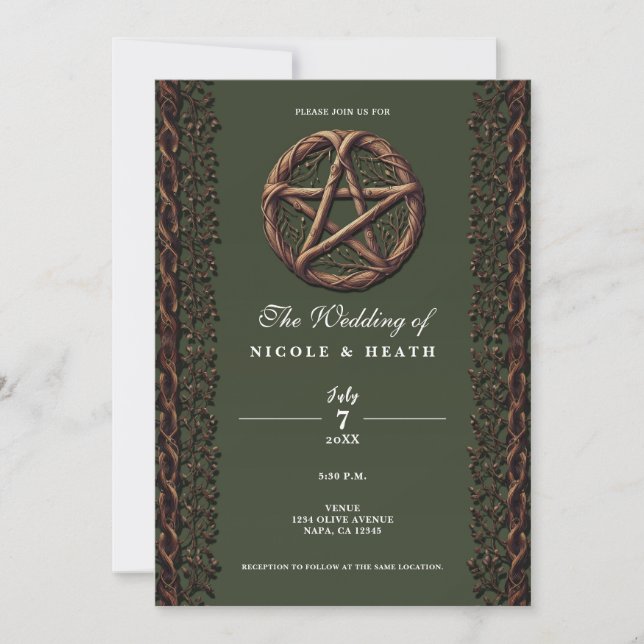 Träkvist Pentagram Olivgrön Wicca-bröllop Inbjudningar (Framsida)