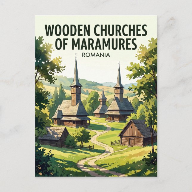 Träkyrkor i Maramures Rumänien Vykort (Framsida)