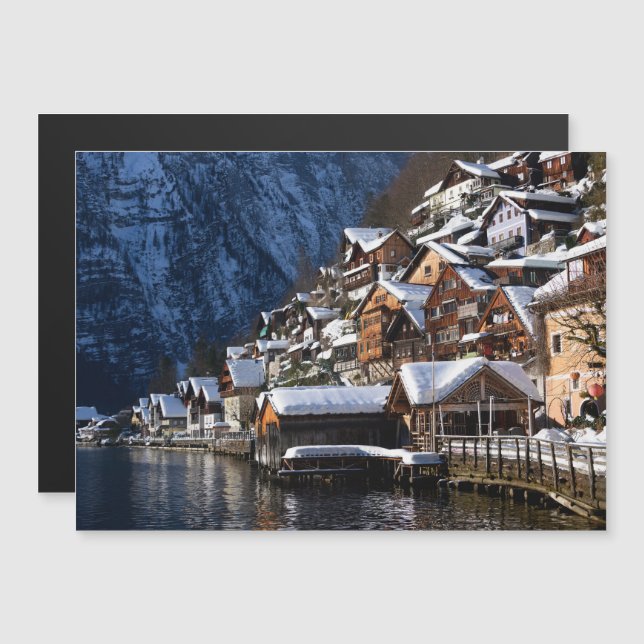 Trälakeside houses i Hallstatt, Österrike Magnetisk Inbjudningskort (Fram/baksida)