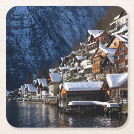 Trälakeside houses i Hallstatt, Österrike Underlägg Papper Kvadrat