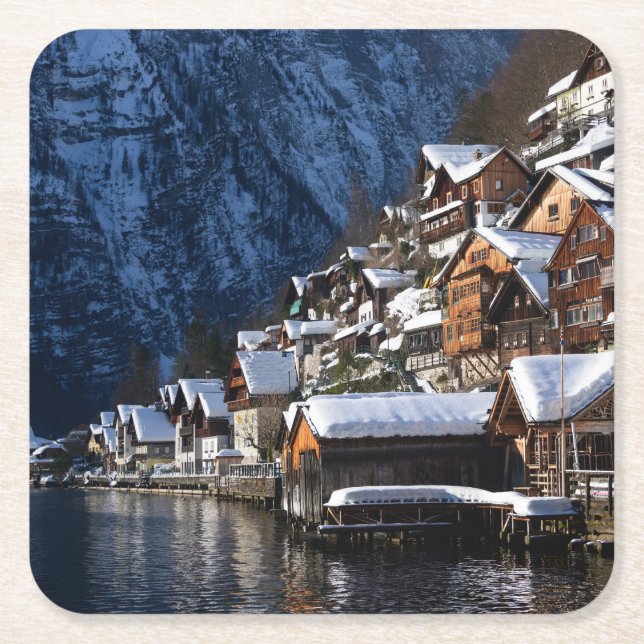 Trälakeside houses i Hallstatt, Österrike Underlägg Papper Kvadrat (Framsidan)