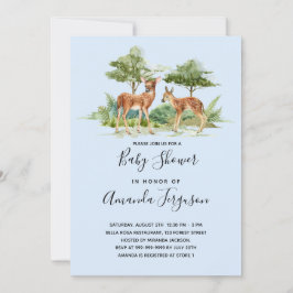Träland djurliga rådjur baby shower blå inbjudningar