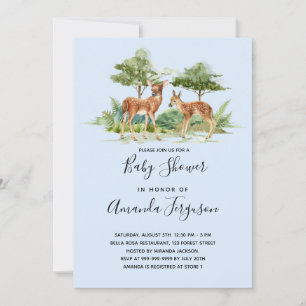 Träland djurliga rådjur baby shower blå inbjudningar