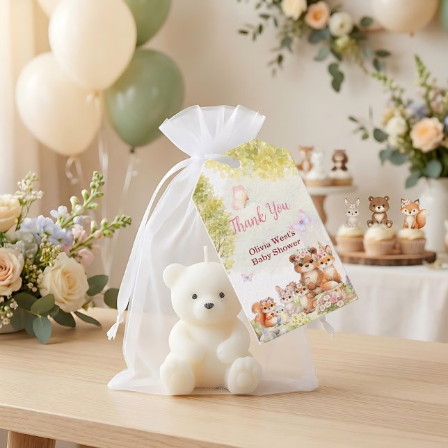 Trälandsbarnkalas tack-gåva-taggar presentetikett (Woodland Girl Baby Shower | Gift Tags)