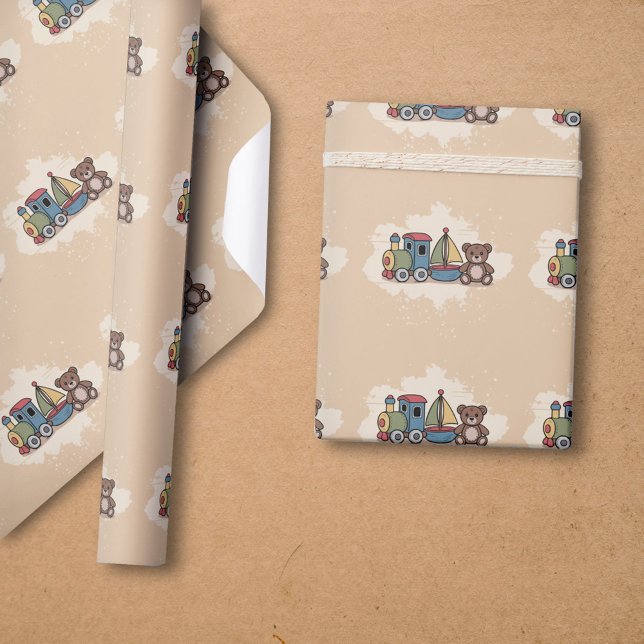 Träleksaker med tåg, segelbåt och nalle presentpapper (Wooden Toys with train, sailboat, and teddy bear Wrapping Paper)