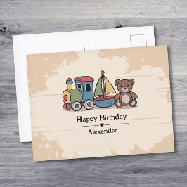 Träleksaker med tåg, segelbåt och teddybjörn vykort