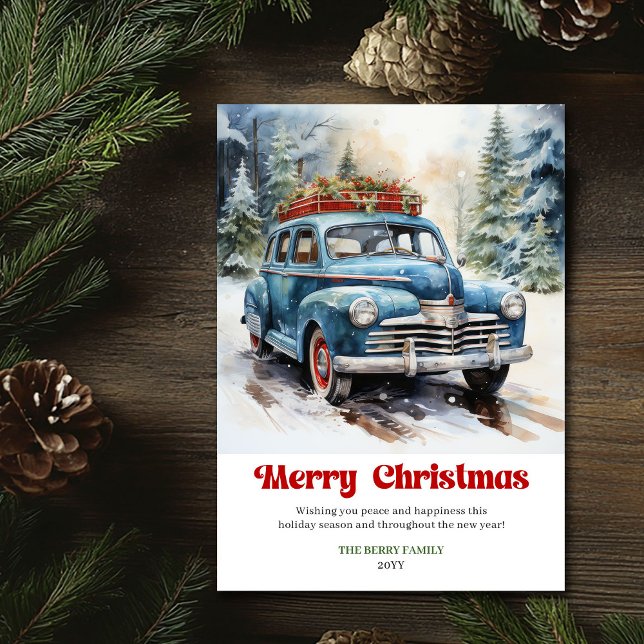 Trälig rustik julscen gammaldags bil julkort (Cozy rustic Christmas scene old fashioned Christmas car)