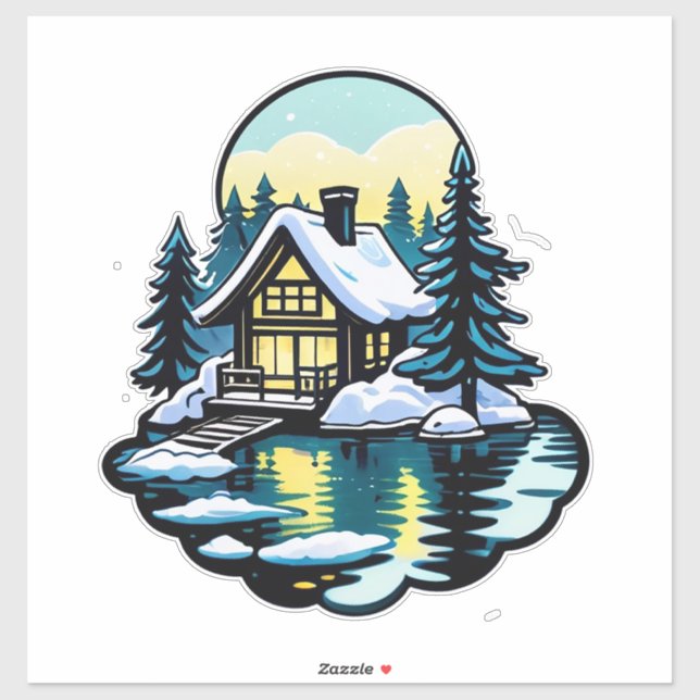 Trälig snöig stuga klistermärken (Ark)