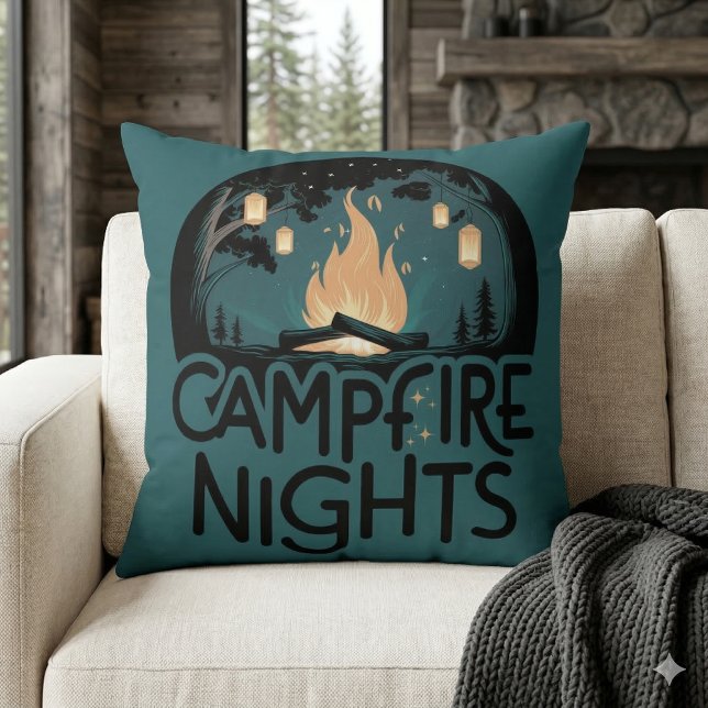 Träliga lägereldnätter Rustik utomhusäventyr Kudde (Cozy Campfire Nights Rustic Outdoor Adventure Throw Pillow Mockup A)