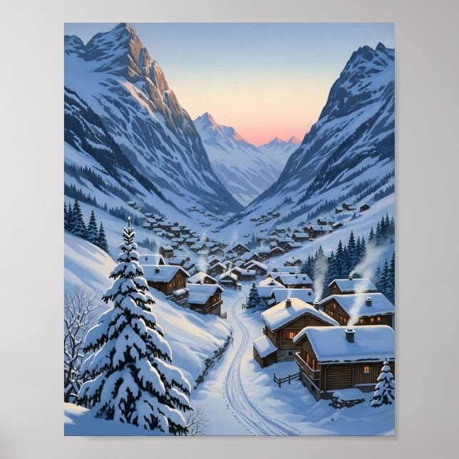 Träligt alplandskapsby vid gryning Snöig bergsdal Poster (Framsidan)