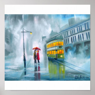 Tram oljemålning regnig dag paraply poster