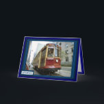 Tram på vägen kort<br><div class="desc">grattis på födelsedagen,  tåg och transportkort designade för pojkar och blodproppar,  perfekt för Pappor,  söner,  unkler och alla som har kärlek hjul.</div>