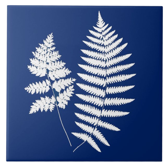Trämark Fern, Cobalt Blue och White Kakelplatta (Framsidan)