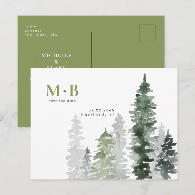 Trämark Moss Grönt Monogram Spara datum Vykort (Fram/baksida)