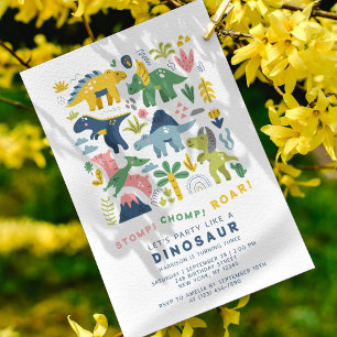 Trampa, tugga, ryt dino 3-årsfest inbjudningar