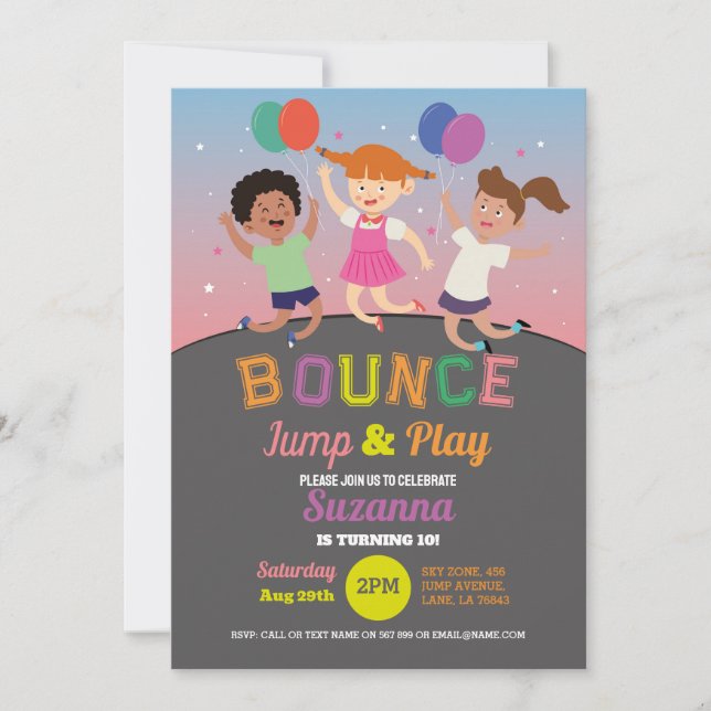 Trampolin Födelsedagsfest Rosa Flickor Studsa Hopp Inbjudningar (Framsida)