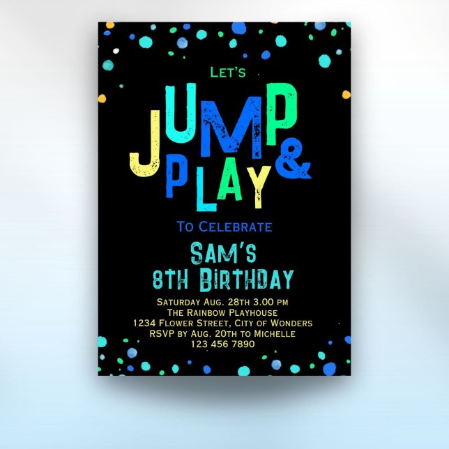 Trampoline Birthday-inbjudan Spela upp Party Inbjudningar (Trampoline Birthday Invitation Jump Play Party Boys neon birthday party invitation)