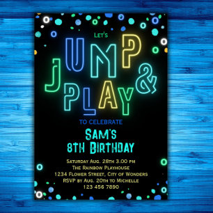 Trampoline Birthday Neon Glow Jump Play Party Inbjudningar