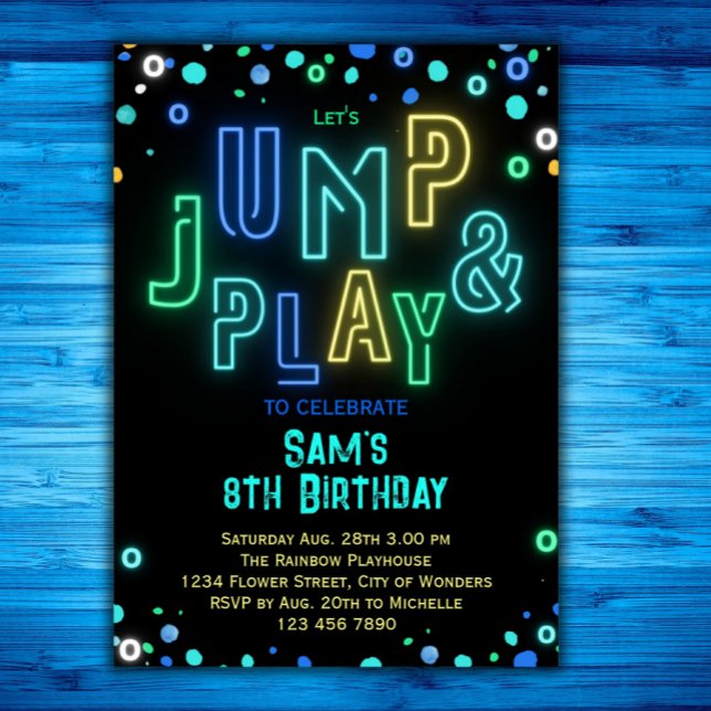 Trampoline Birthday Neon Glow Jump Play Party Inbjudningar (Skapare uppladdad)