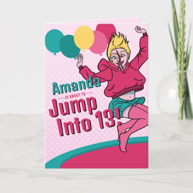 Trampoline Cute Tecknad Tonåring 13:e födelsedagen Kort (Framsida)