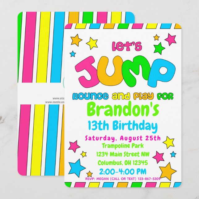 Trampoline Jump Park Party i neon färg Inbjudningar (Fram/baksida)