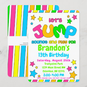 Trampoline Jump Park Party i neon färg Inbjudningar