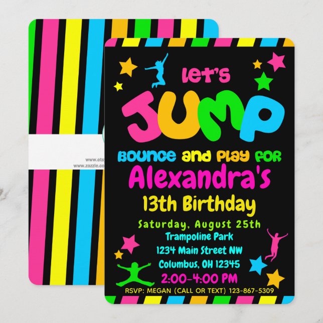Trampoline Jump Park Party i neon färg Inbjudningar (Fram/baksida)