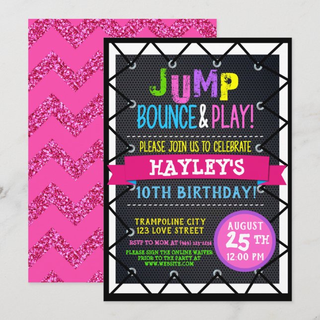 Trampoline Park Bounge Party Girls Colorful Inbjudningar (Fram/baksida)