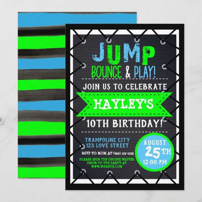 Trampoline Park Bounge Party Neon Färg, sommar Inbjudningar (Fram/baksida)