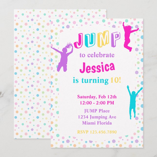 Trampoline Park-jump Bump Girls Party Inbjudningar (Fram/baksida)