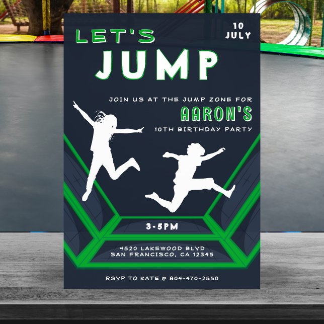 Trampoline Park Låt oss Födelsedagsfesten Jump Grö Inbjudningar (Trampoline Park Let's Jump Green Birthday Party Invitation
)