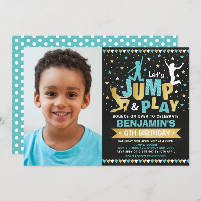 Trampolins Födelsedagsfest Jump Bounge Blue Guld Inbjudningar (Fram/baksida)