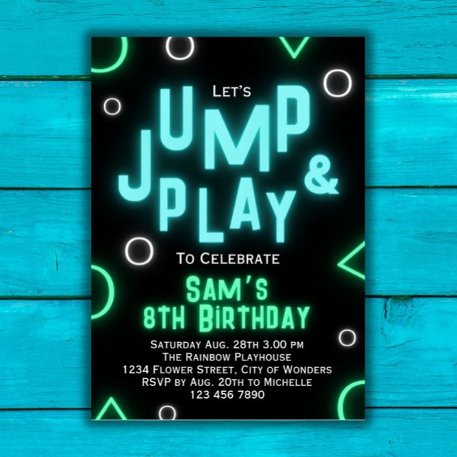 Trampolins födelsedagsinbjudan Neon Jump Party Inbjudningar (Skapare uppladdad)