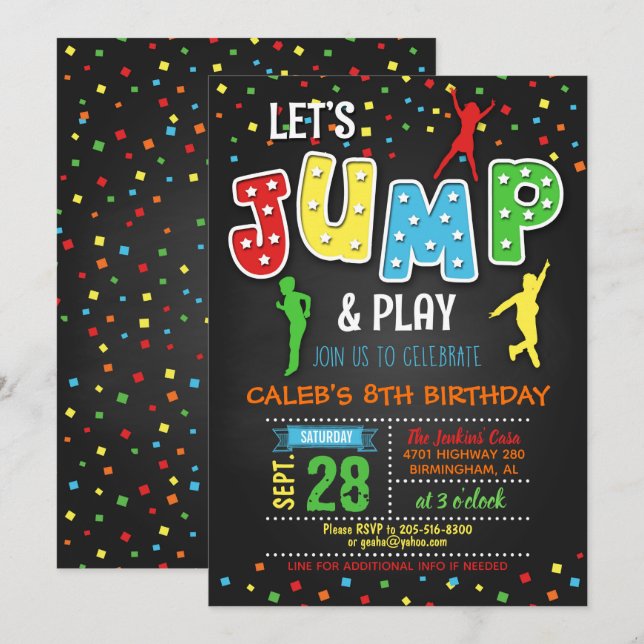 Trampolins födelsedagsinbjudan - pojke inbjudningar (Fram/baksida)